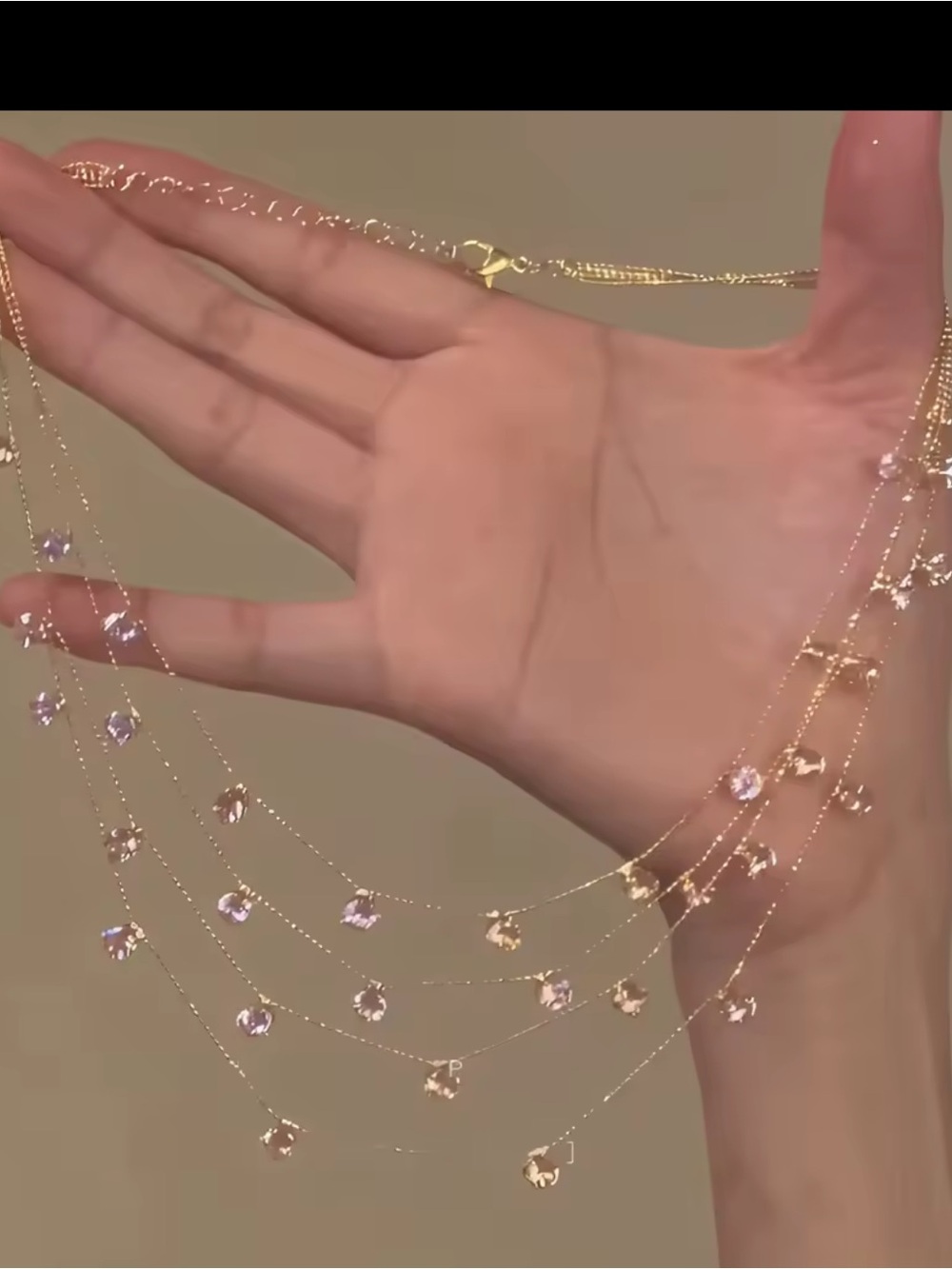 Delicate Multi-Strand Gold Necklace with Pink Crystal Drops